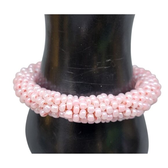Natural Pink Opal Rondelle Bead Stretch Bracelet Size 7 Kumihimo Braiding - Picture 1 of 7